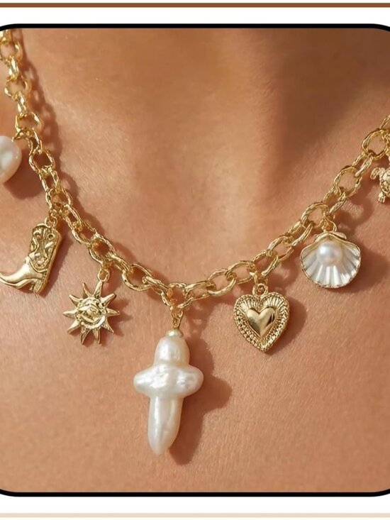 Jewelry - Pearl Cross Necklace Natural Freshwater for Women - Chunky Charm Big 18K Gold Pl